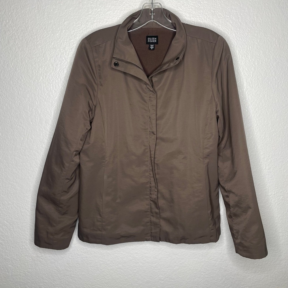 Eileen Fisher Women Taupe Brown Italian Fabric Fleece Lined Zip Jacket Small